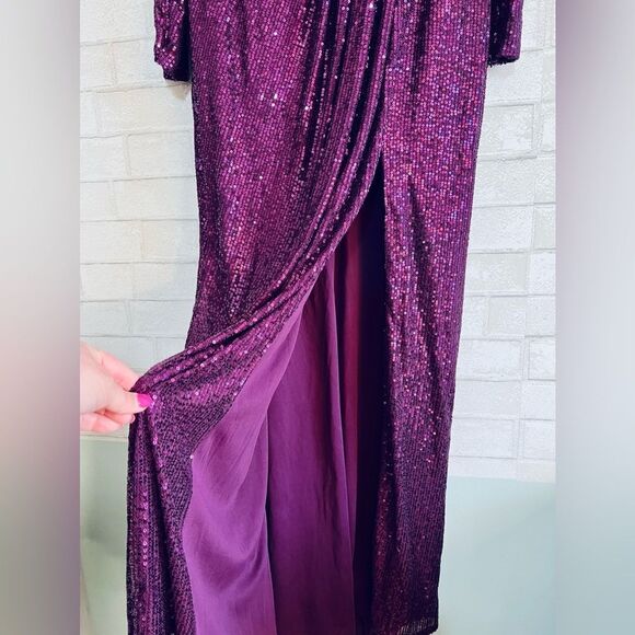 💜 Mac Duggal 💜 IEENA Sequin Long Sleeve Faux Wrap Gown Coctail dress purple 14 - Picture 13 of 14